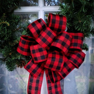 Red and Black Buffalo Plaid Wreath Bow, Farmhouse Christmas Wreath Bow