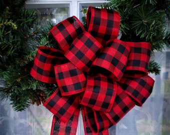 Red and Black Buffalo Plaid Wreath Bow, Farmhouse Christmas Wreath Bow