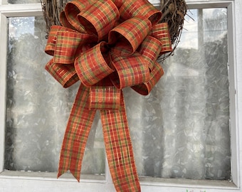 Fall Plaid Wreath Bow with Foil Stripes – Autumn Home Decor