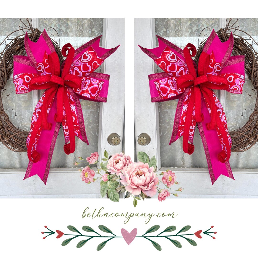 Valentine's Day Double Door Bows - Pink Fuchsia Heart Wreath Bow Set - Etsy