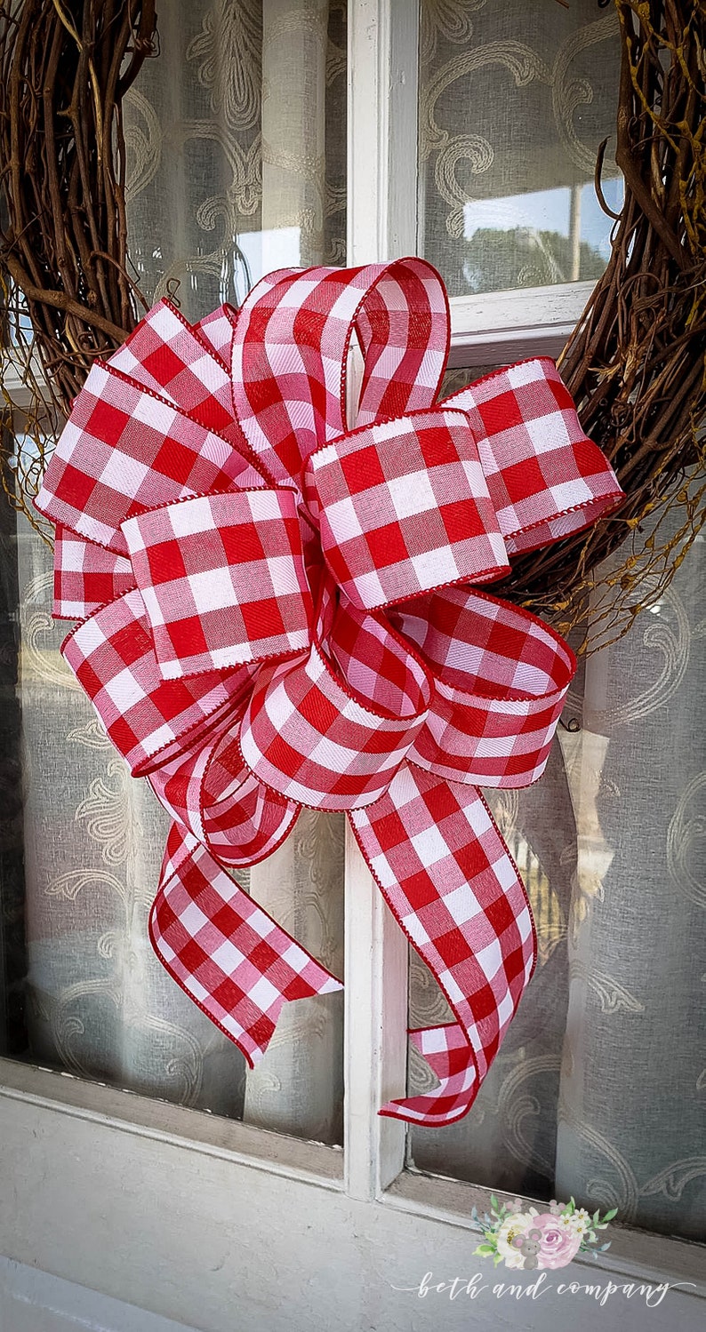 Red and White Buffalo Plaid Wreath Bow Farmhouse Wreath Bow for Valentines Day image 7