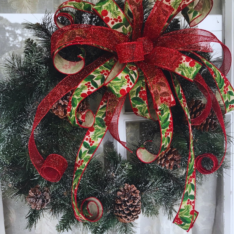 Red Berries and Greenery Christmas Bow, Farmhouse Berry Wreath Bow - Etsy