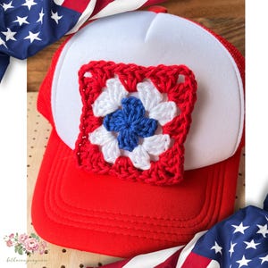 Patriotic Crochet Granny Square Applique – Red White Blue Cotton Patch 3.25in & 4.5in Size with extra borders