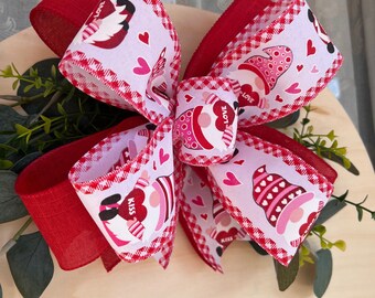 Valentine Bow | Door Hanger Bow | Red and White Gnome Bow | 10 inch Double Bow | Bow for Door Sign or Small Wreath