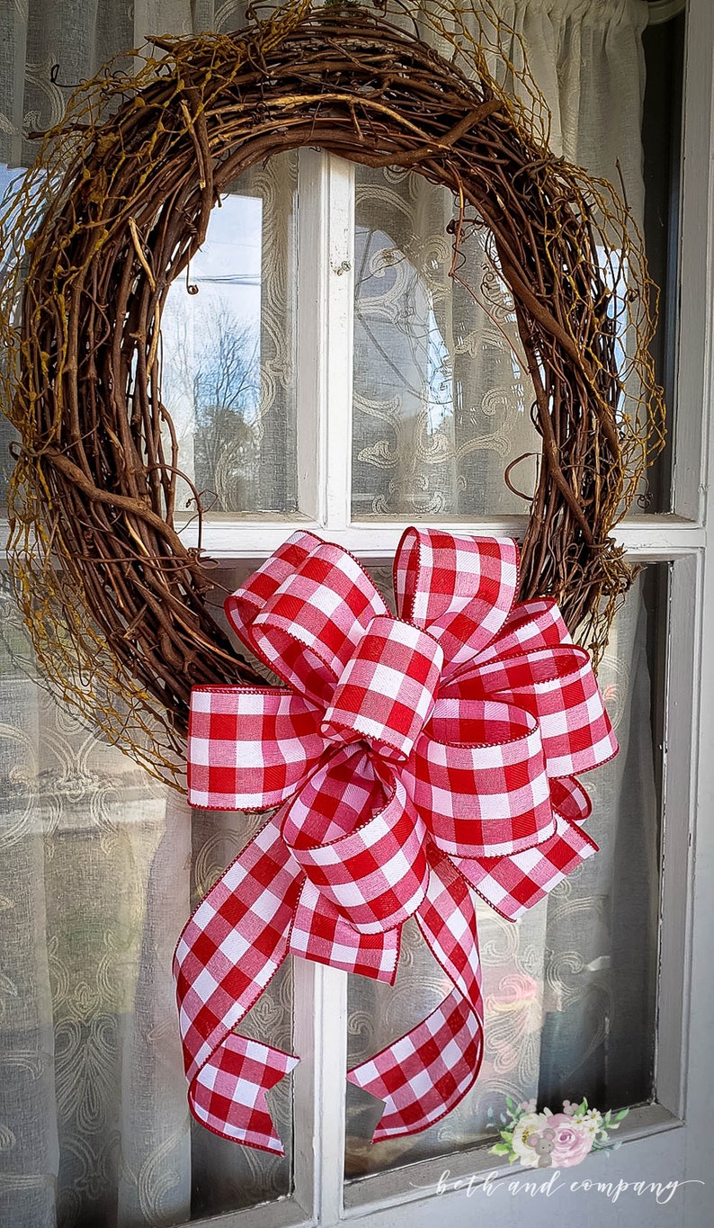 Red and White Buffalo Plaid Wreath Bow Farmhouse Wreath Bow for Valentines Day image 6