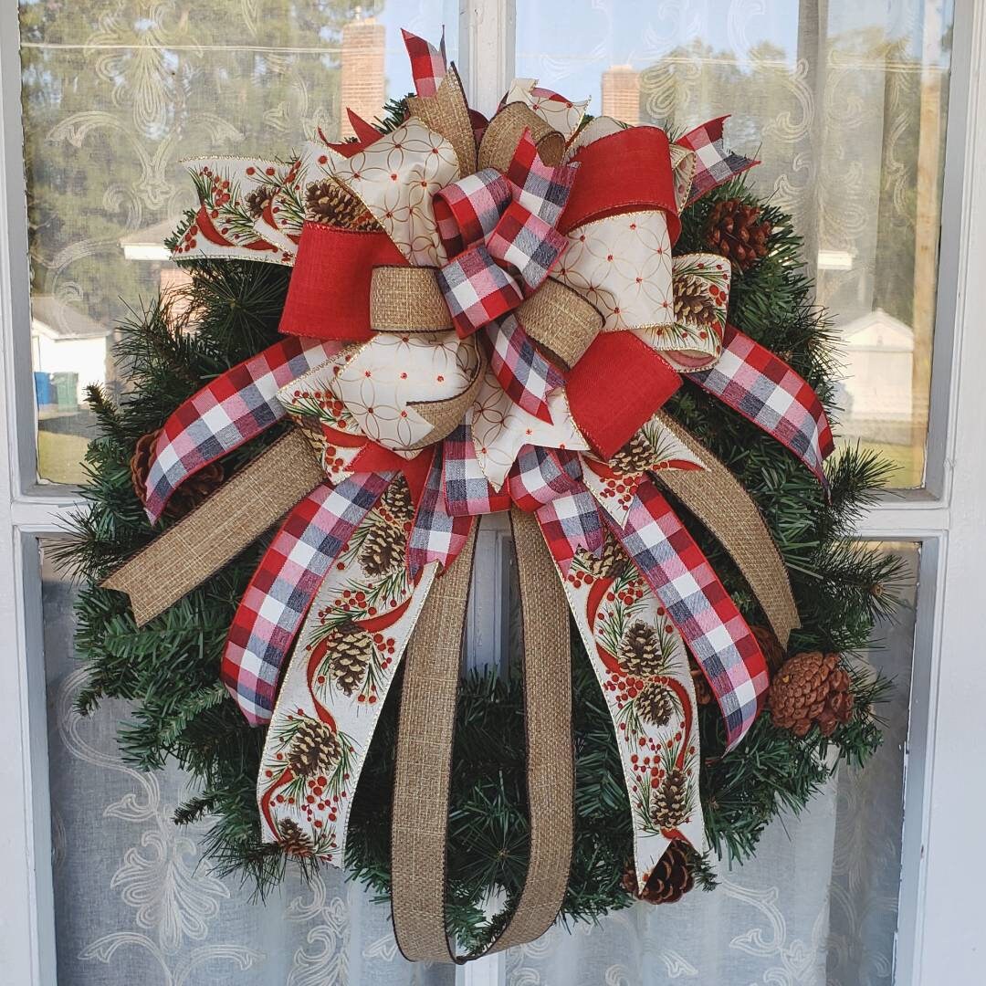 Rustic Plaid Pinecones Christmas Wreath Bow Country Christmas Bow Christmas Bows for Wreaths Christmas Wreath Bow Etsy
