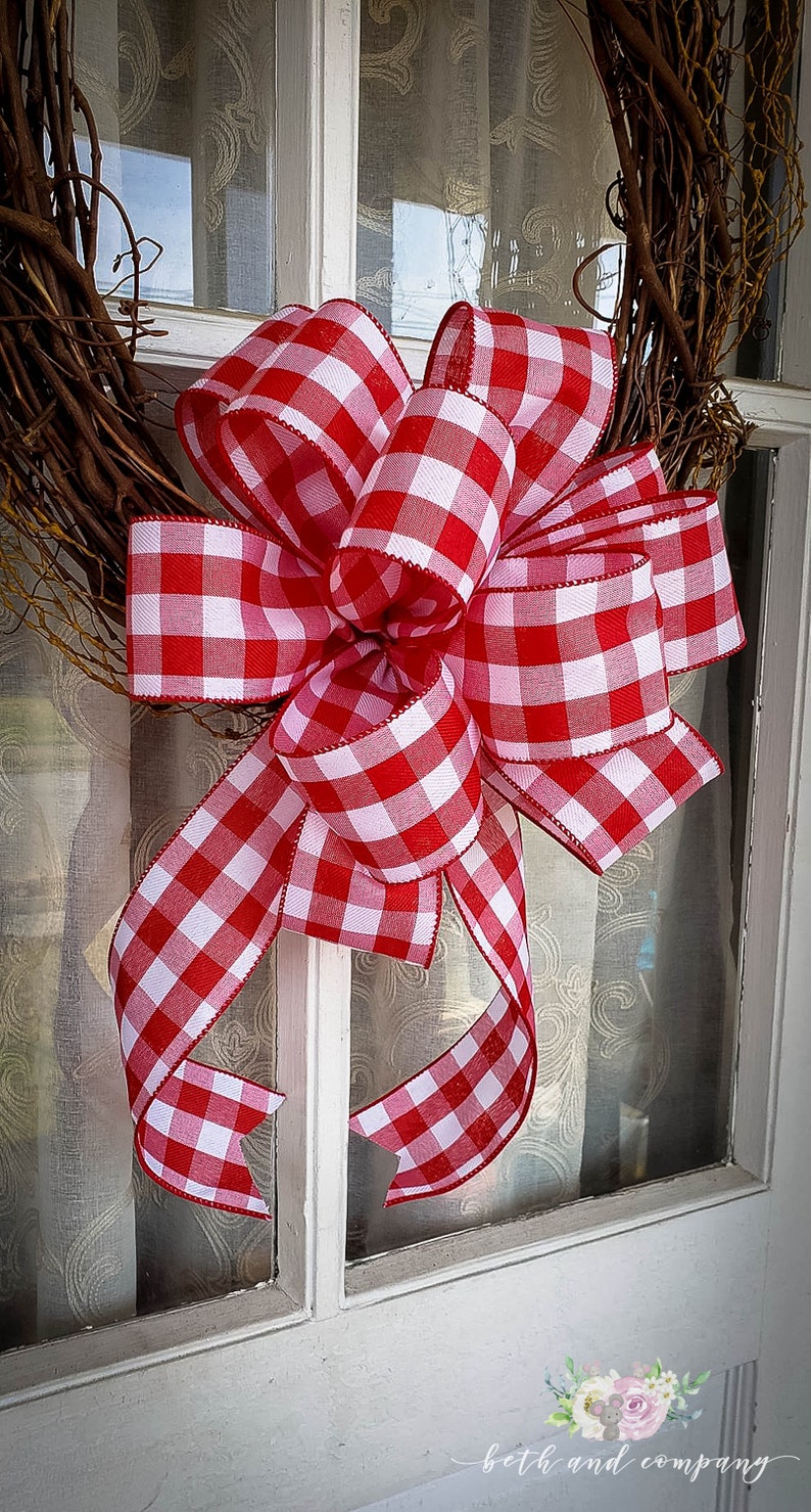 Red and White Buffalo Plaid Wreath Bow Farmhouse Wreath Bow for Valentines Day image 2