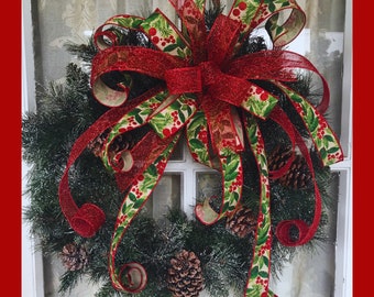 Red berries and Greenery Christmas Bow, Farmhouse Berry Wreath Bow