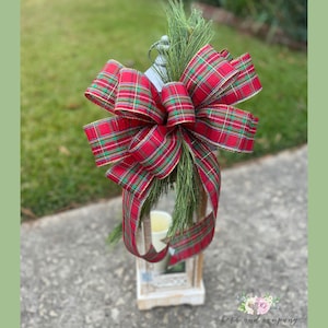 Christmas Bow Christmas Tartan Plaid Bow with Pine Branch Red Christmas Bow for Front Door Lantern Swag