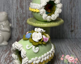 Zucker Eier Extra Kleine Grüne Panorama Zucker Ostereier mit Entchen im Inneren Handgemachtes Osterei Geschenk Osterei Weiße Rose Versand bereit