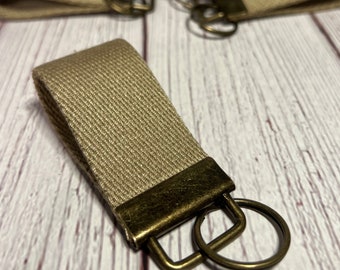 Small Key Fob Wristlet Khaki Cotton Webbing Key Chain with Split Ring Gift for Him Gift for Her Mini Key Fob FREE Shipping