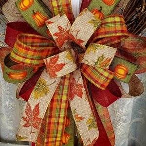 Lazo grande de otoño para porche delantero o buzón, decoración otoñal, lazo de cinta mixta, lazo de corona otoñal, decoración de Acción de Gracias