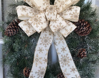 Gold Snowflake Christmas wreath bow, 12” Christmas bow