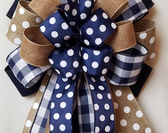Navy and Burlap Bow, Summer to Fall Wreath Mixed Ribbon Bow, Fall Wreath Bows Gift for Mom