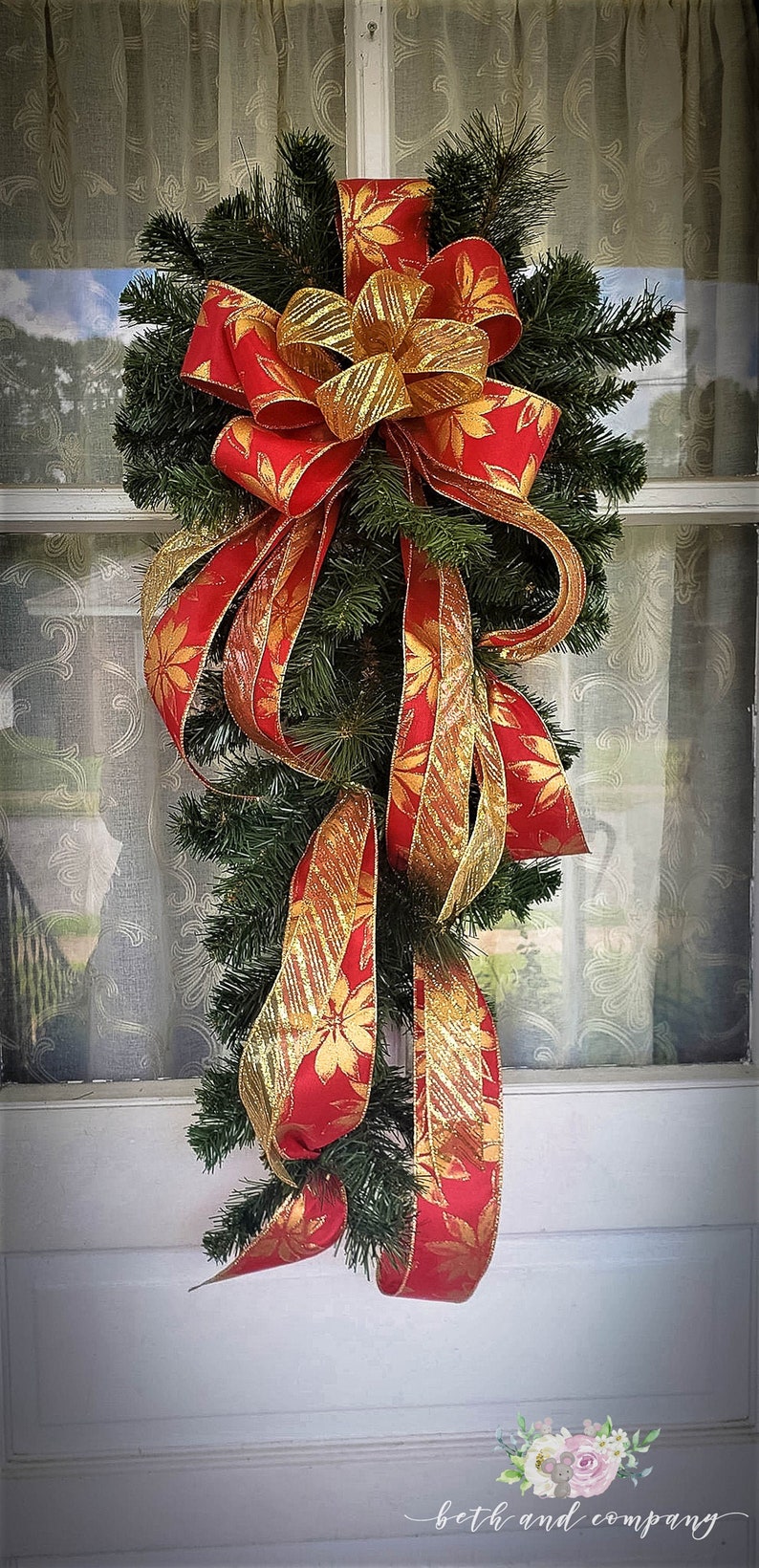 Gold Poinsettia and Red Swag Bow Elegant Christmas Swag Bow Etsy
