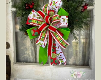 Green Monster Christmas Bow | Red Lime Green and White Bow