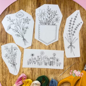 WildFlower Embroidery Stick & Stitch Embroidery Flower Patterns Hand Embroidered Template Peel and Stitch Pattern Set of 5