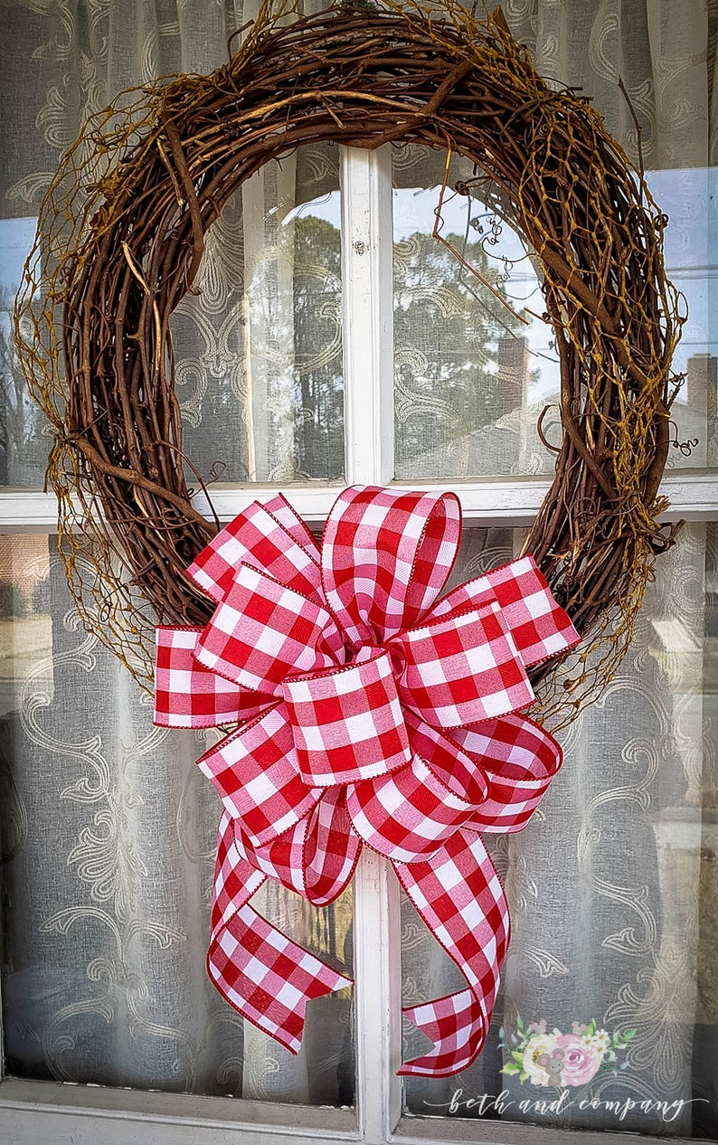 Red and White Buffalo Plaid Wreath Bow Farmhouse Wreath Bow for Valentines Day image 1