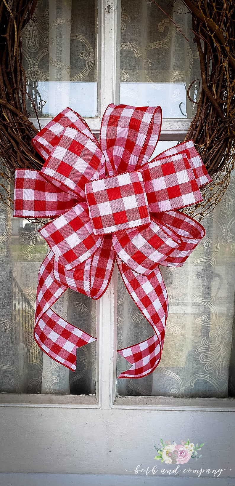 Red and White Buffalo Plaid Wreath Bow Farmhouse Wreath Bow for Valentines Day image 3