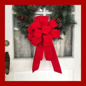Red Christmas Bow OUTDOOR Red Velvet Christmas wreath bow  Weatherproof Christmas Bow 2.5&quot; width wired red velvet
