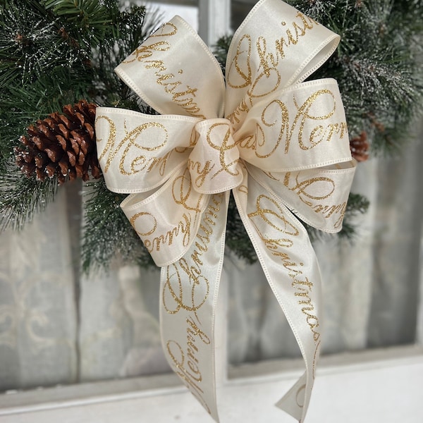 Christmas Bow / Gold Glitter & Ivory Bow / Merry Christmas Script / Matching Lantern Bow