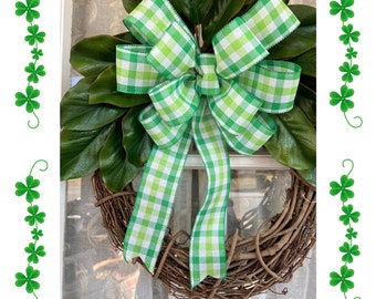 St Patrick’s Day Bow Green and White Plaid Bow for Front Door Decor