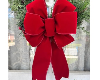 INDOOR or OUTDOOR Grand Red Velvet Christmas Bow Front Porch Decor 4" width wired velvet ribbon No Liner Outside Christmas Bows