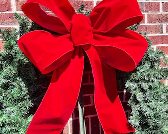 Large Red Velvet Christmas Bow: Wired Edge, Outdoor Wreath Decor