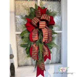 Christmas Swag 36Inch Southern Mixed Greenery Swag Scarlet Red Velvet Front Door Christmas Decoration