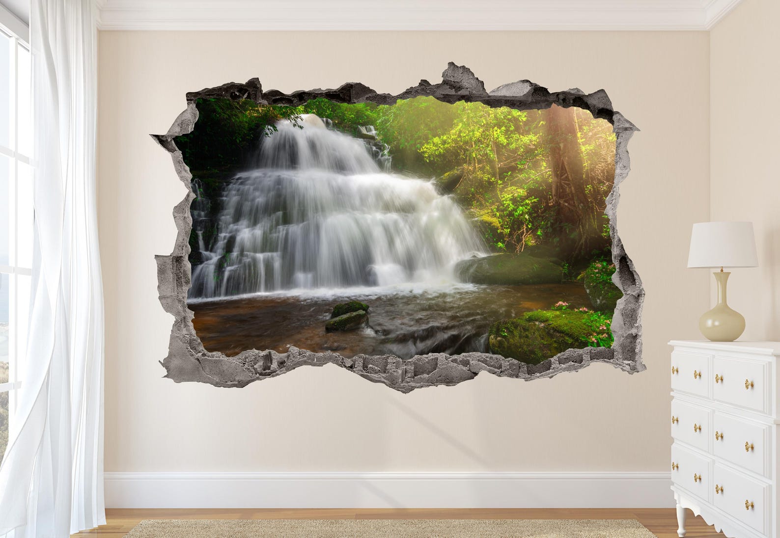 3D Waterfall Window View Wall Decal | Peel and Stick Forest Mural ...
