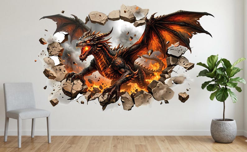 3D Dragon Wall Decal Fire Dragon Wall Sticker Crashing Wall Mural ...