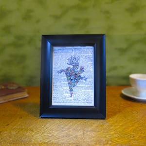 May include: A framed print of a colorful, abstract figure on a vintage dictionary page. The figure is outlined in black and filled with various colors, including red, green, blue, and yellow. The frame is black and has a simple design.