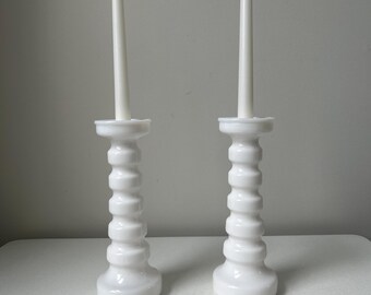 Set of 2 Vintage Anchor Hocking Milk Glass Taper Candleholders