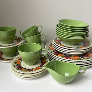 Vintage Large Set of Maplex Melmac Dinnerware Fruit Pattern and Green