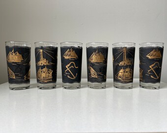 Set of 6 Vintage Black and Gold Maritime Dominion Drinking Glasses