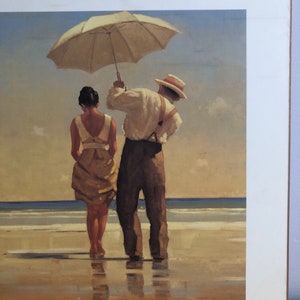 Vintage Wood Mounted Jack Vettriano Mad Dogs Print / Portland Gallery / Beach Scene Ladies and Man with Parasols image 2