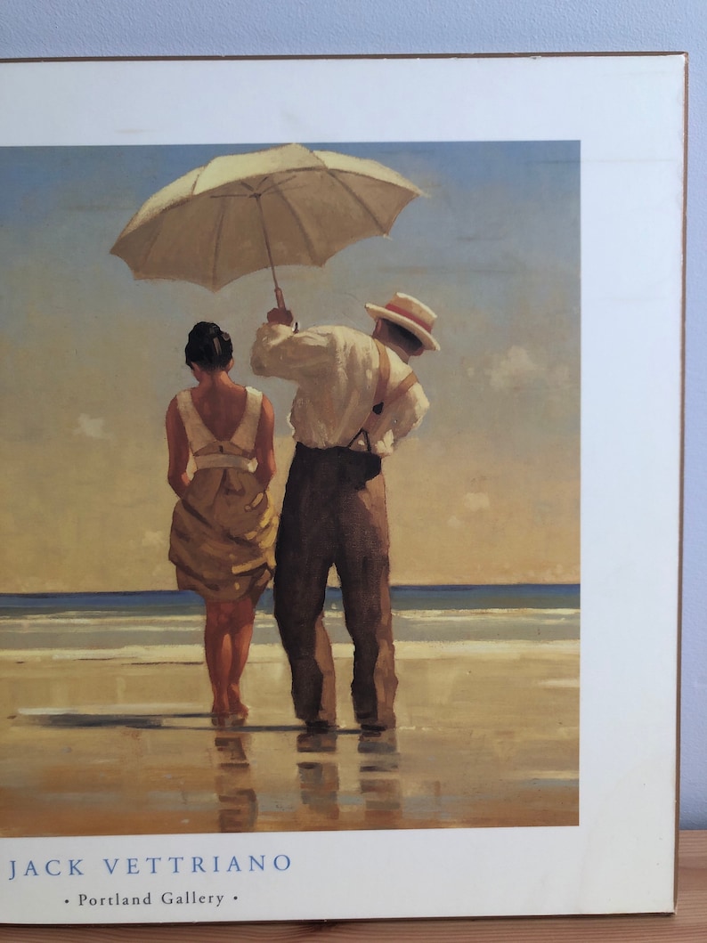 Vintage Wood Mounted Jack Vettriano Mad Dogs Print / Portland Gallery / Beach Scene Ladies and Man with Parasols image 2
