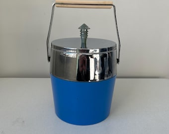 Vintage Small Blue Plastic and Chrome Handled Ice Bucket with Lid