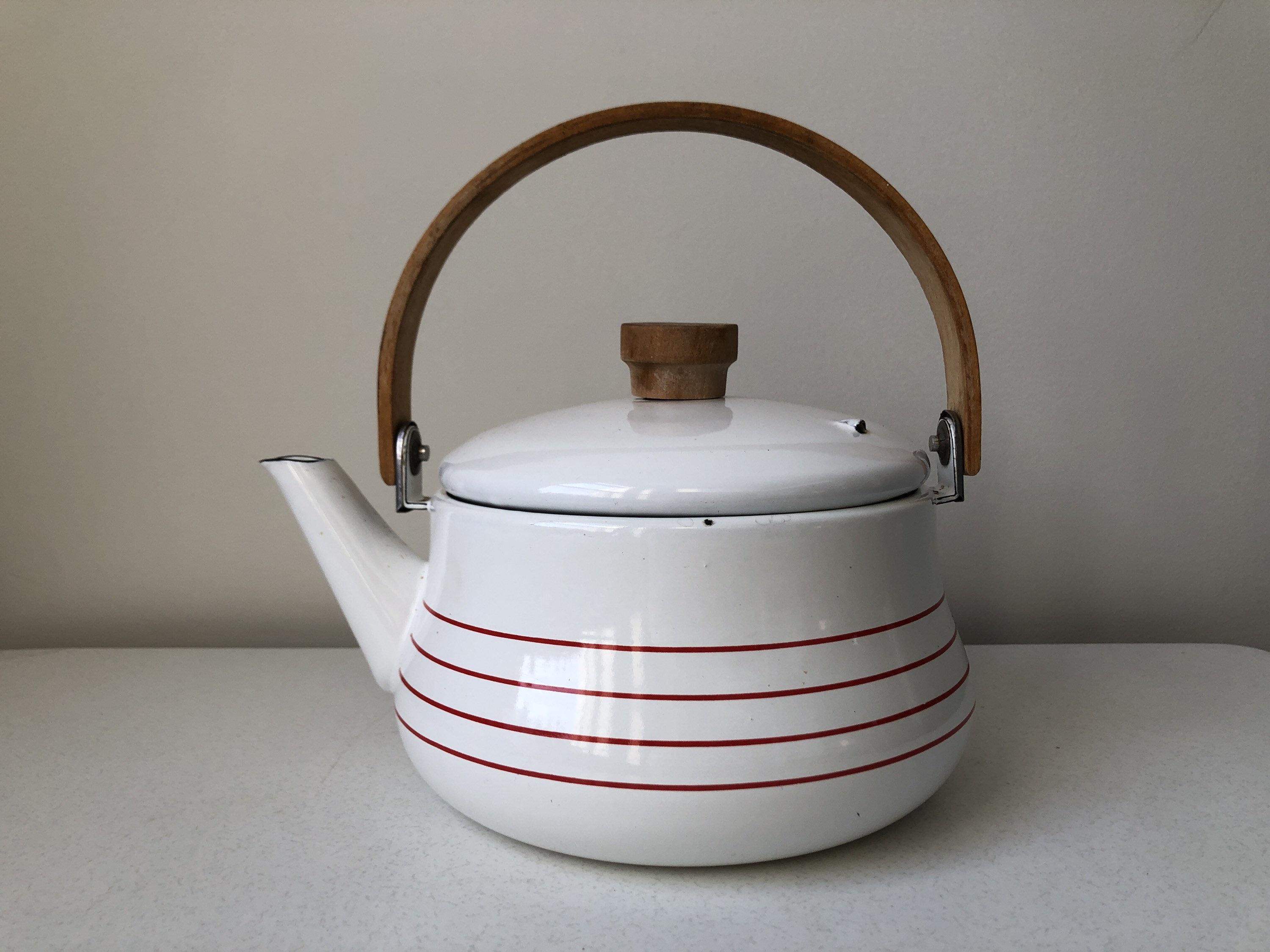 Danish Michael Lax Copco White Enamel Tea Kettle / Pot - Made in Spain -  Mid Century Modern Vintage Retro Design Coffee Pot Wood Handle