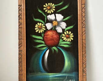 Vintage Black Velvet Still Life Painting Roses in Vases Pink Red