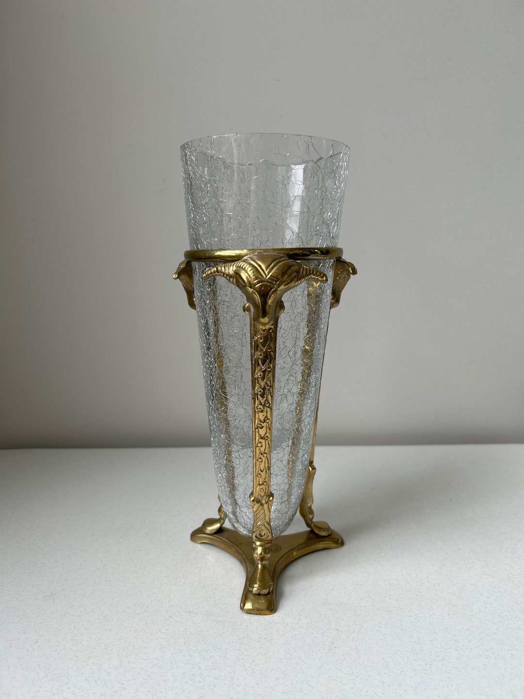 Vintage Crackle Glass Vase With Brass Stand Etsy