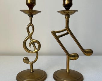 Set of 2 Brass Vintage Musical Note and Treble Clef Taper Candleholders