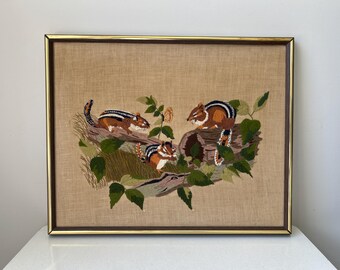 Vintage Framed Completed Crewel of Chipmunks on the Forest Floor