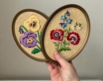 Set of 2 Framed Small Oval Framed Floral Needlepoints