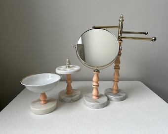Vintage 4 Piece Vanity Set Pink, White and Gold Mirror, Soap Dish, Toothbrush Holder and Towel Stand