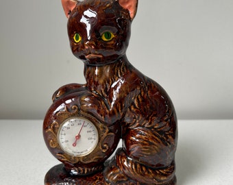 Vintage Midcentury Brown Ceramic Cat Thermometer