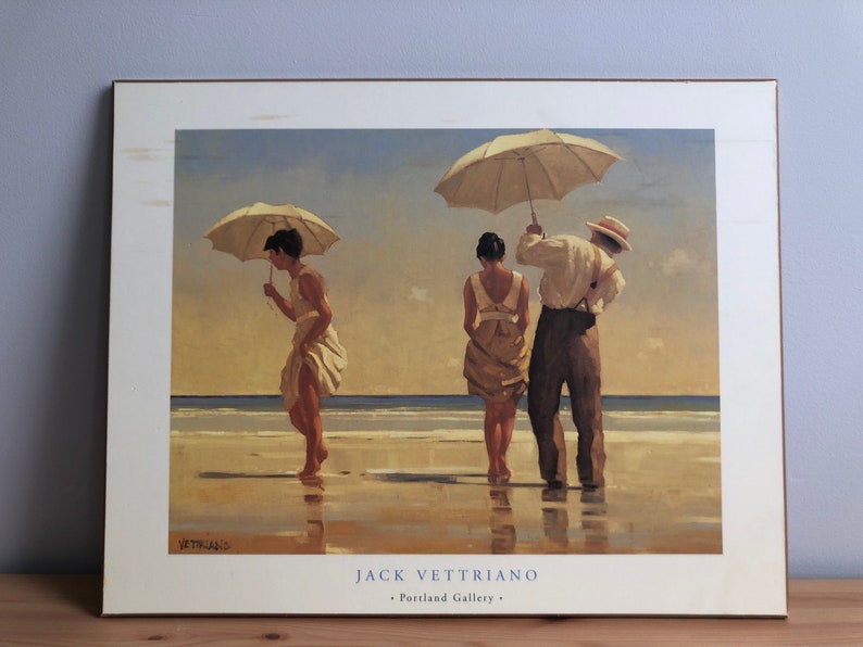 Vintage Wood Mounted Jack Vettriano Mad Dogs Print / Portland Gallery / Beach Scene Ladies and Man with Parasols image 1