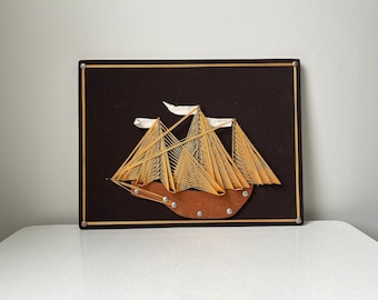 Vintage Brown and Gold Sailboat Nail and String Art