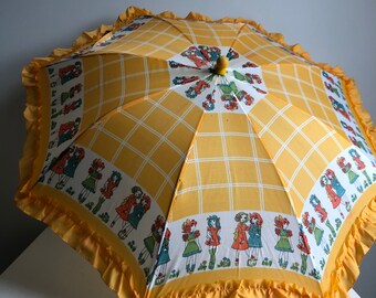 Vintage Children's Umbrella Orange Check with Cute Border of Young Girls Ruffled Edge