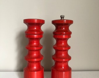 Vintage Red Wood Pagoda Style Salt Shaker and Pepper Mill from GiftCraft